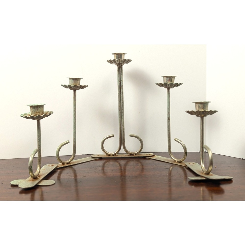 Vintage MCM Folding 5 Arm Metal Candelabra Accordion Candle Holder 9"